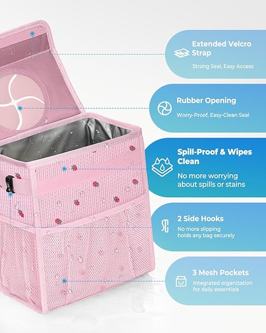 Corduroy Car Trash Can with Lid and Mesh Pockets - Leakproof Organizer,Multipurpose Waterproof Garbage Can/Trash Bin for Car(Pink Base with Red Strawberry Print -2 Gallons)