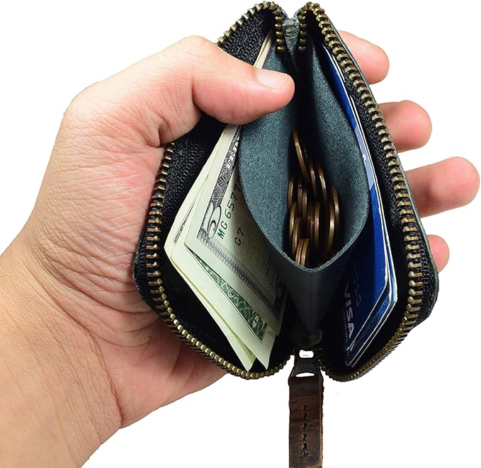 Hide & Drink, Full Grain Leather Zippered Card Wallet for Men and Women, Coin Pouch, Money Holder, Pocket Organizer, Handmade, Charcoal Black