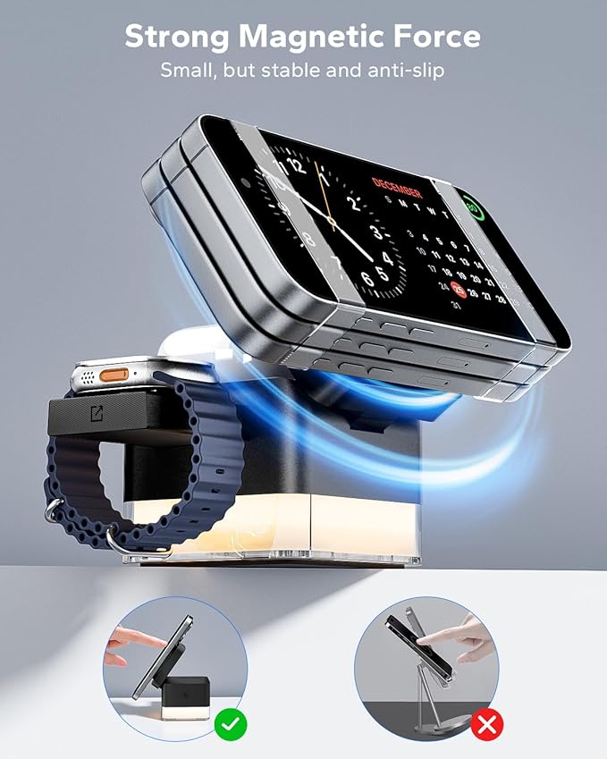 KPON for iPhone Nightstand Charging Station,15W 3 in 1 Wireless Phone Charger Stand with Night Lamp, Travel Foldable Magnetic Cube Magsafe Dock for iPhone 17 16 15 14 13 12 Series/Apple Watch/Airpods