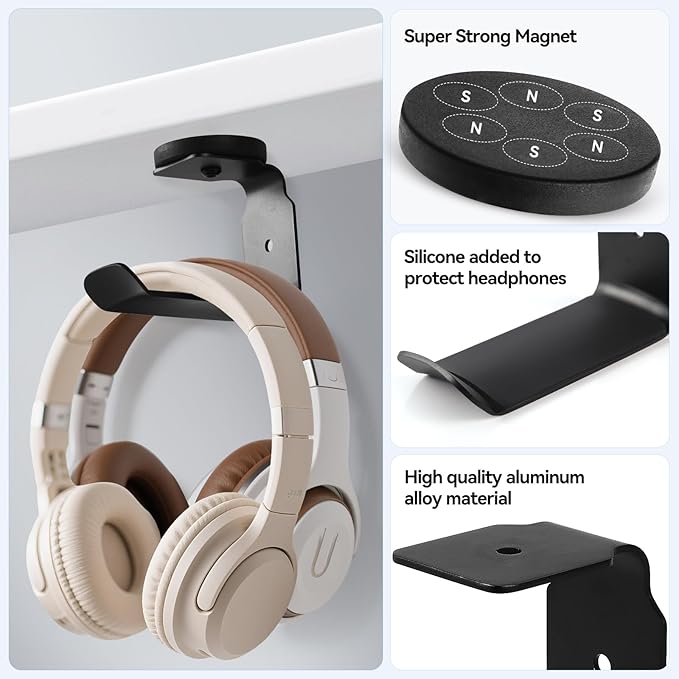 Magnetic Headphone Holder, Large Headset Hooks, Aluminum Headphone Hanger for Desk & Table, Headphone Mount Stand with Rubber Pad, Compatible with All Computer/Gaming Headsets (Black)