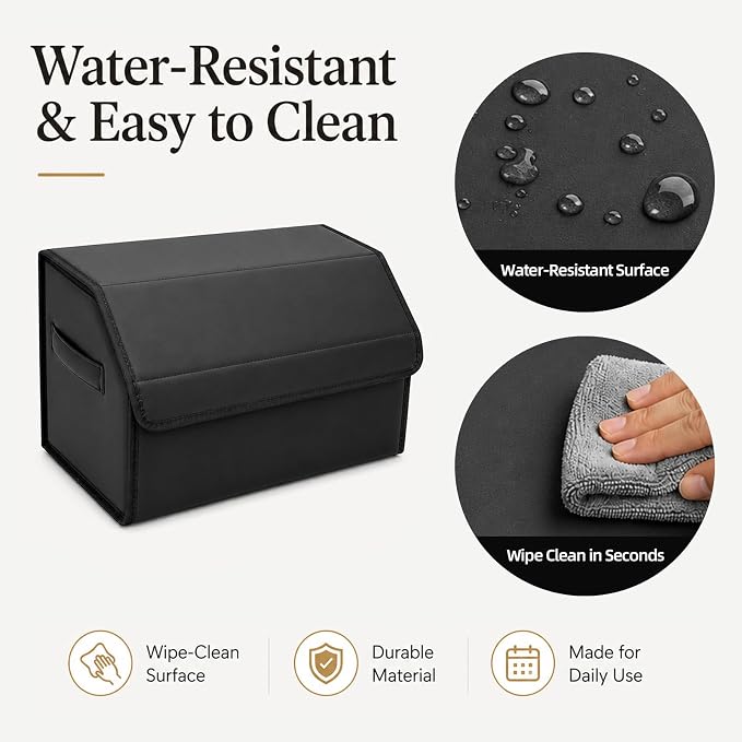 Car Trunk Organizer, Foldable Cargo Storage Box with Hook-and-Loop Lid, Suede & Faux Leather Trunk Organizer for SUV Sedan Truck, Adjustable Divider, Handles, Black, 19.7inches