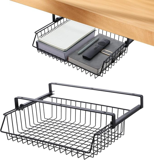 Under Desk Drawer, Slide Out Design,No Drill Metal Under Desk Cable Management, Storage Shelf Tray Basket Under Table Drawer Organizer for Office, Home, Workspace, Cabinet