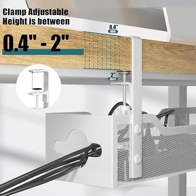 Under Desk Cable Management Tray 32'', Cable Management Under Desk No Drill, Cable Organizer with Clamp for Wire Management, Cord Organizer for Office, Home - No Damage to Table (White)