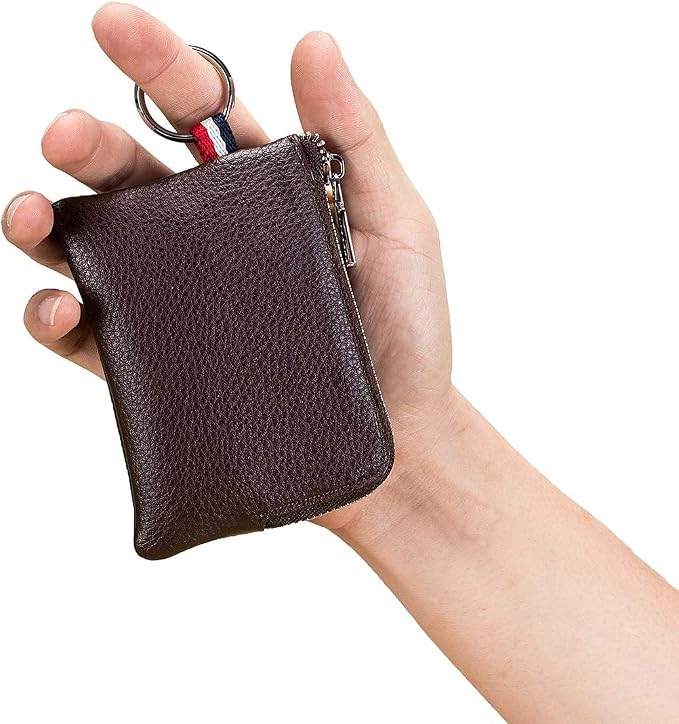 Leather Coin Purse, Change Purse for Men Women (Coffee, standard) | Mini Coin Pouch with Zipper & 2 Keyrings, Water-resistant Genuine Leather Wallet for Pocket, Daily,Gifts