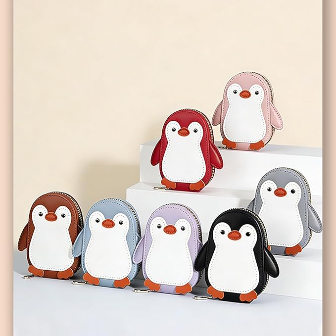 Cute Cartoon Penguin-shaped Coin Purse PU Leather Accordion Card Holder Large Capacity Zippered Money and Card Organizer Portable Mini Coin Purse (Purple)