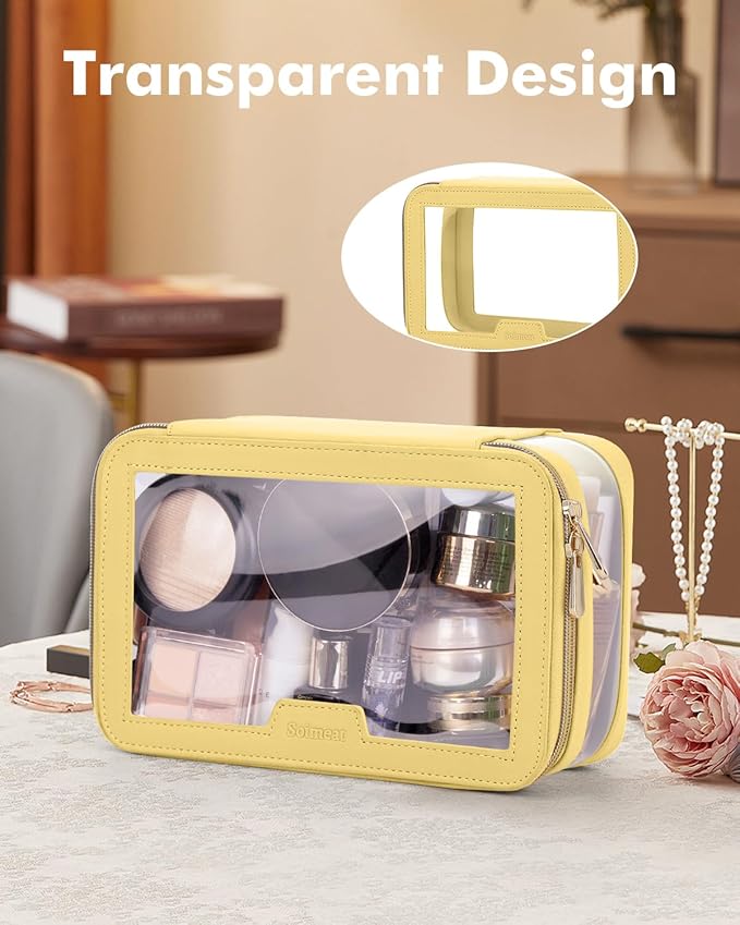 Soimeat Travel Clear Makeup Bag with Makeup Brush Bag, Leather Makeup Case Toiletry Bag, Portable Cosmetic Bag Case, Transparent Waterproof Cosmetic Organizer Storage Bag for Women, Yellow