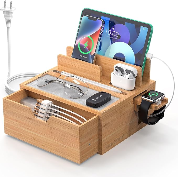 Pezin & Hulin Bamboo Charging Station for Multi Device, with Power Charger & Cables, Nightstand Docking Station with Lined Tray & Drawer, Compatible with Tablet, Cell Phones