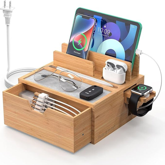 Pezin & Hulin Bamboo Charging Station for Multi Device, with Power Charger & Cables, Nightstand Docking Station with Lined Tray & Drawer, Compatible with Tablet, Cell Phones