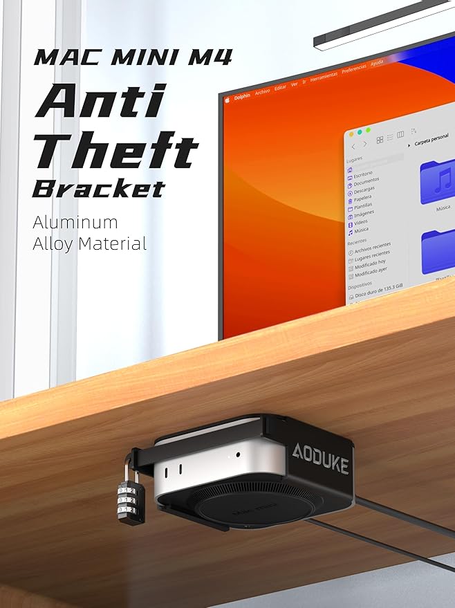 Aluminum Alloy 2024 Mac Mini M4 with Combination Lock Security Bracket, Compatible with VESA Hole Monitor or Plaster wall, with lock Under Desk and Wall Mount Anti-theft dock-AJM4GS-B