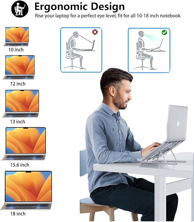 Portable Laptop Stand BEIFOER Foldable Laptop Stands for Desk, Adjustable Aluminum+Silicone Ergonomic Travel Laptop Riser, Ventilated Cooling MacBook Stand for All 10-18'' Notebook, Sliver