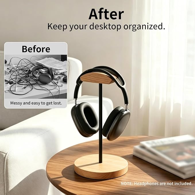 Headphone Stand Nature Wood & Metal Headset Hanger Mount Hook Gaming Holder Desktop Earphone Artful Functional Craftmanship Stand for All Headsets with Solid Wooden Base