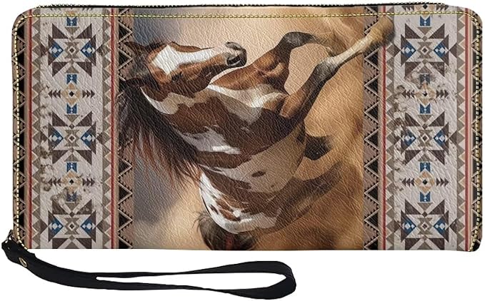 Bulopur Navajo Aztec Horse Wristlet Wallet for Women Zip Around Wristlet Purse PU Leather Waterproof Minimalist Wallet Long Handbags Coin Cash Holder Clutch Purse Gifts for Ladies