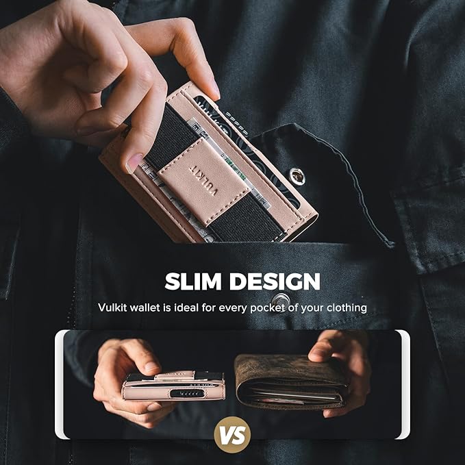 VULKIT Slim Aluminum Card Holder RFID Blocking with Outer Vegan Leather Sleeve, Pop-Up Card Wallet with ID Window and Elastic Strap for Money, Pink