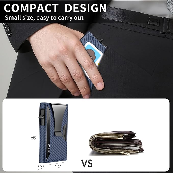 Wallet for Men Slim Minimalist Pop-up Smart Holds 5-6 Cards - RFID Blocking Metal with Money Clip, Credit Card Holder & ID Window,Business Card Cases, men accessories (Carbon Blue)