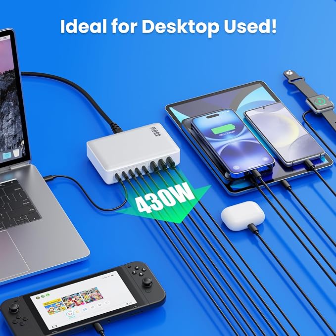 USB C Charger 430W USB C Charger Block, 8-Ports GaN IV Fast Charging Station Hub,PD 100W Laptop Charger Adapter,for MacBook Pro/Air/iPad/iPhone16/15/14/Apple Watch/DELL/Samsung for Home Office