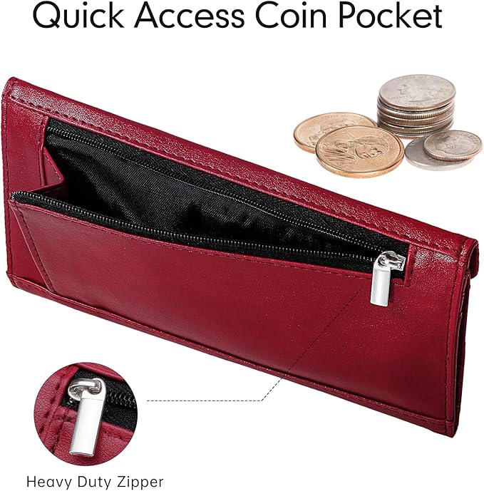 Rfid Credit Card Holder Wallets for Women Leather Zipper Slim with Coin Pocket, Wine Red