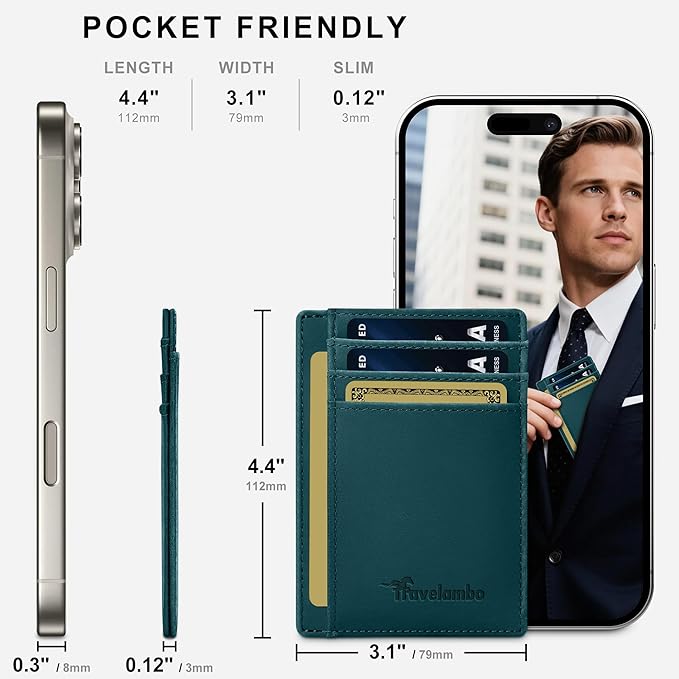 Travelambo 100% Genuine Leather Wallet for Men and Women, Slim Minimalist RFID Blocking Front Pocket Credit Card Holder with Gift Box