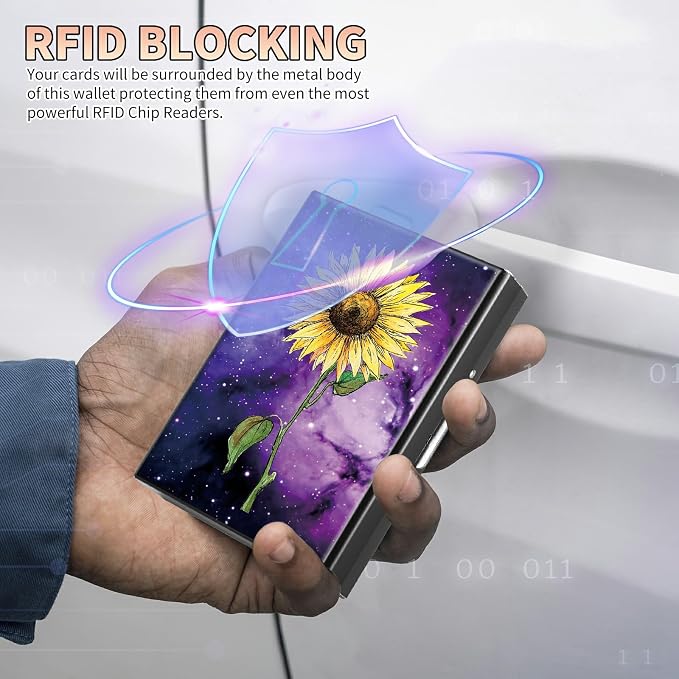 Slim Credit Card Holder, Sunflower Yellow Purple Galaxy RFID Blocking Metal Wallet for Men & Women, Aluminum Minimalist Hard Case Pocket-Sized Business Cards Organizer (Fits Up to 10 Cards)