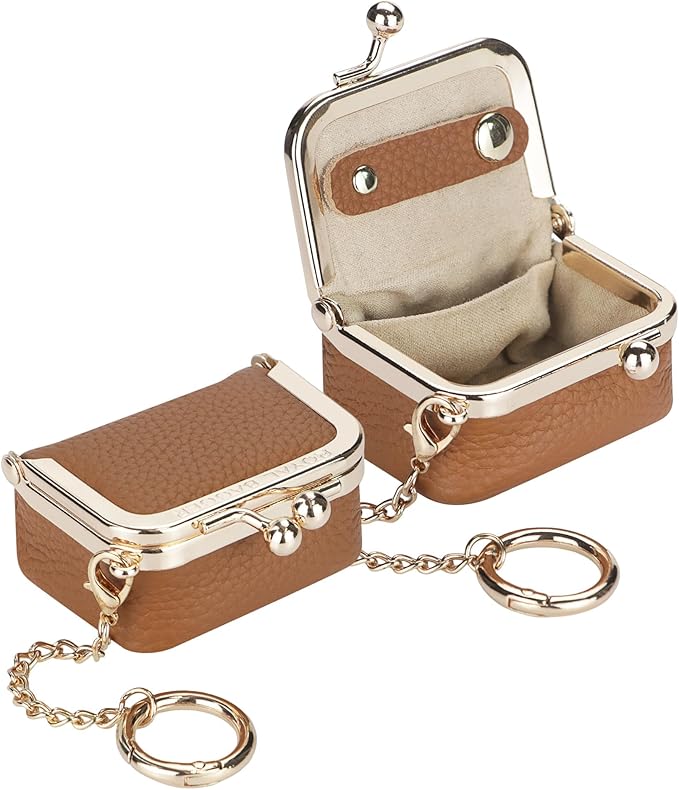 Royal Bagger Genuine Cow Leather Mini Jewelry Box Women's Coin Purse Solid Color Kiss Lock Change Pouch Casual Style Small Storage Bag for Women 1894 (Brown with Chain)