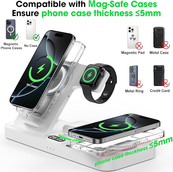 Dual Phone Wireless Charging Station for Apple Devices, Magnetic Charging Station for iPhone with Auto Switch 7-Color Light&Clock, Family Watch Charger for iPhone17 for iWatch11 for AirPods Pro3(White