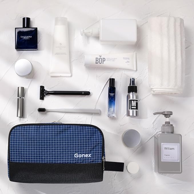 Gonex Travel Toiletry Bag Nylon, Shaving Bag Toiletry Organizer Check Patten (Navy Blue)