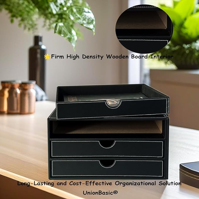 UnionBasic Document Organizer, 3-Drawer File Cabinet Document Storage Box, Office Desktop Filing Organizer, Black with White Stitching