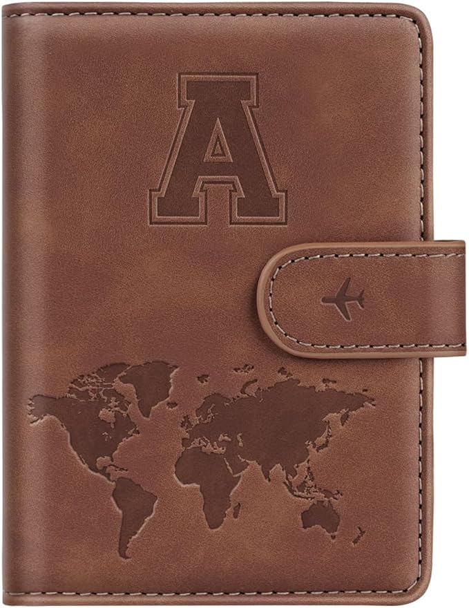 Passport Holder Wallet Cover Personalized Letter A-Z Travel Wallet RFID Blocking Passport Cover Wallet Case for Travel Passport Book Holders for Women and Men, Brown-A