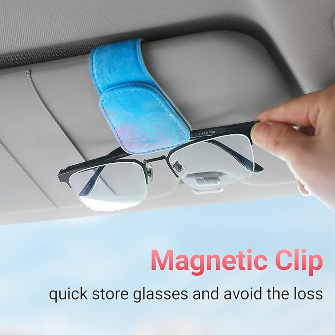KanSmart Sunglass Holder for Car Visor Sunglasses Clip Magnetic Leather Glasses Eyeglass Holder Truck Car Accessories for Woman Man -Blue Wave
