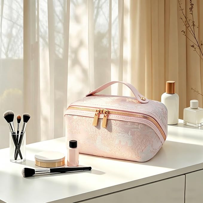 Travel Makeup Bag with Compartments & Organizers – Flat Open Cosmetic Pouch for Women, Purse-Style Design for Traveling, Perfect for Toiletries & Cosmetics (Pink)