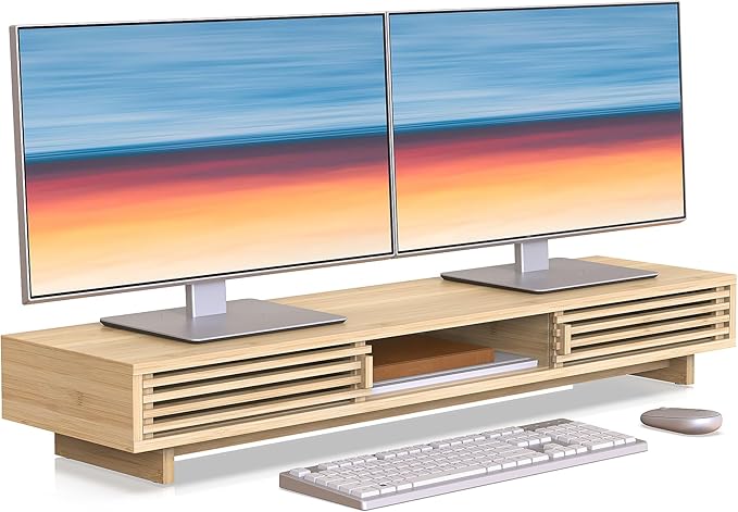 Dual Monitor Stand Riser with Sliding Door, Double Computer Laptop Stand Desk Shelf Organizer with Storage for 2 Monitors (Natural Bamboo, 38 Inch)