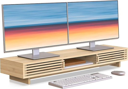 Dual Monitor Stand Riser with Sliding Door, Double Computer Laptop Stand Desk Shelf Organizer with Storage for 2 Monitors (Natural Bamboo, 38 Inch)