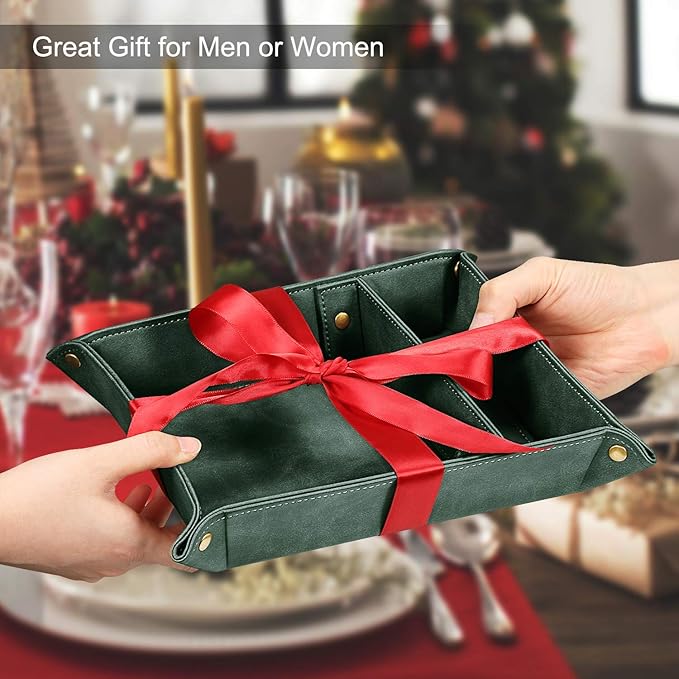 SITHON Valet Tray Desktop Storage Organizer, Removable 2 Compartments Catchall Tray Bedside Vanity Nightstand Caddy Holder Desk Storage Plate, Dark Green