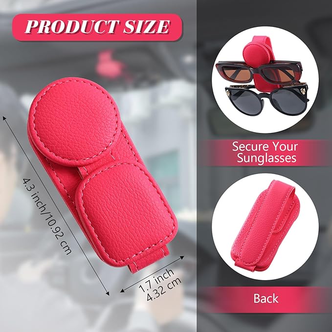 Konohan Sunglasses Holder for Car Visor Leather Eyeglass Hanger Magnetic Sunglasses Holder with 2 Clips(Rose Red)