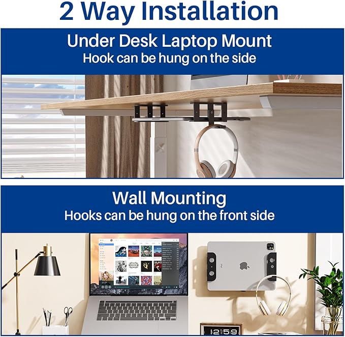 BYMECOST Under Desk Laptop Storage Mount with Hook, Metal Under Desk Device Holder, for Devices Up to 1.37" Thick, MacBook, Mini, Keyboard, Router, with Anti-Scratch Silicone (Black, 2.1" with Hook)