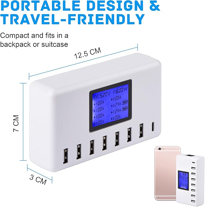 60W 12A 8-Port USB Charging Station - Multi Port USB Hub Charger with LCD Display - Compatible with iPhone, iPad, Samsung, Kindle, Tablet, Bluetooth Earbuds and More