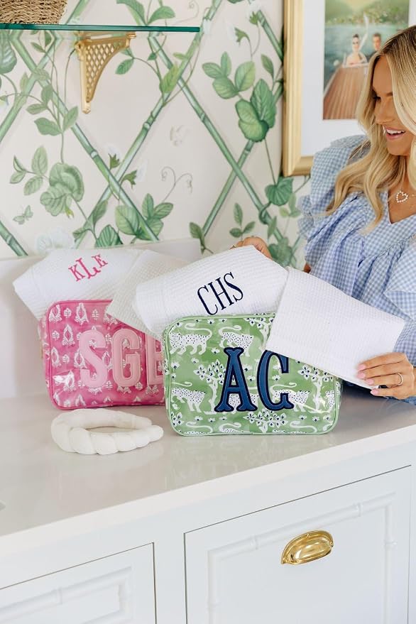 Personalized Clear Coated Pouch - Medium or Large Toiletry Bag with Embroidered or Applique Monogram, Custom Makeup or Travel Organizer, Easy-Clean Cosmetic Bag, Travel Gift for Women (Pink Lotus, M)