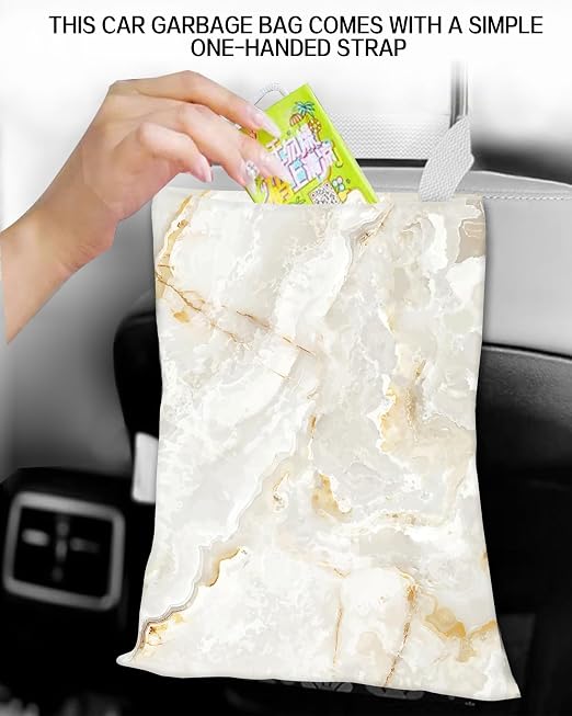 Car Garbage Can, Car Trash Bag, Car Garbage Bag, Hanging Car Trash Can for Car Accessories, Vehicle, Travelling, Camping, Cute Car Back Seat Organizer, Cute White Marble