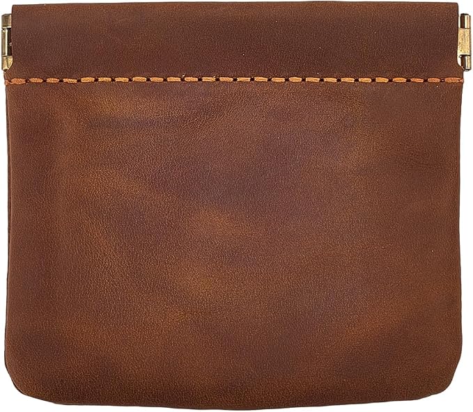 4.72 x 4.02 Inch Genuine Leather Small Makeup Cosmetic Bag for Purse Squeeze Coin Purse Pouch Crazy Horse Leather Self-Closing Pouchic Mini Snap Closure Organizer Pouch for Women Men(Brown)