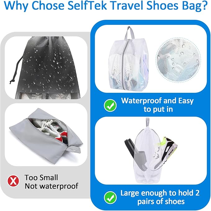 SelfTek Shoe Bags for Travel, 6 Pack 3 Size Double-Sided Zipper Shoe Bag for Men & Women, Waterproof Portable Shoe Storage Pouch with Handle, Family Travel Accessories