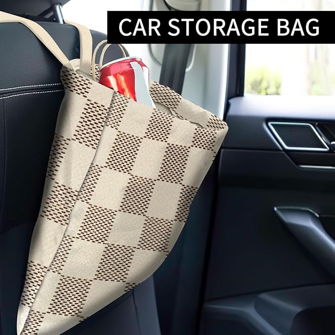 Car Trash Can, Cute Car Trash Bag, Hanging Car Organizer and Storage Bag, Trash Bin for Car Accessories, Vehicle, Travelling, Camping Luxury Beige Checkered