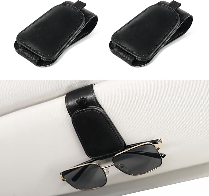 SINGARO 2 Pack Sunglass Holder for Car Visor Sunglasses Holder Clip, Universal Non-Slip Magnetic Leather Glasses Eyeglasses Hanger Mounter, Truck Interior Car Visor Accessories for Woman Man, Black