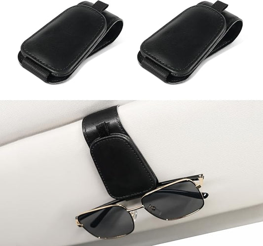 SINGARO 2 Pack Sunglass Holder for Car Visor Sunglasses Holder Clip, Universal Non-Slip Magnetic Leather Glasses Eyeglasses Hanger Mounter, Truck Interior Car Visor Accessories for Woman Man, Black