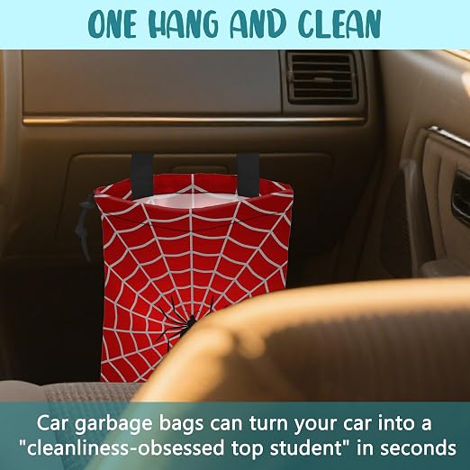 Car Garbage Bag Spider on Spider Web Drawstring Car Trash Bag Hanging for Back Seat with Adjustable Buckle Canvas Vehicle Trash Can Easy-to-Install