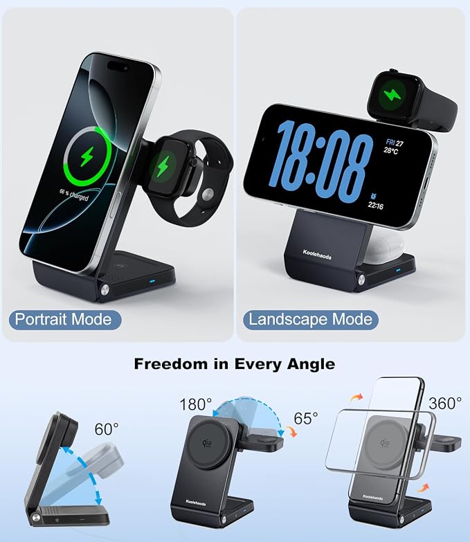 Qi2.2 25W Fast Wireless Charging Station for Apple MagSafe with TEC Cooling, 3 in 1 Foldable Travel Magnetic Charger Stand for iPhone 17-12 Series/ S26 Ultra/Pixel 10/ iWatch/AirPods (45W Adapter)