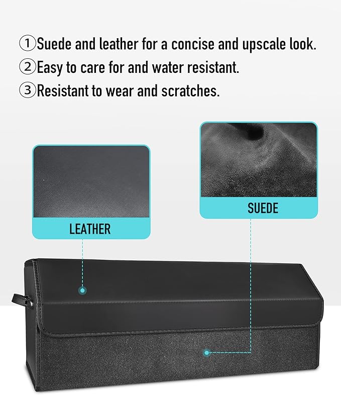 Fyzeoty Car Organizers for Trunk for Suv Sedan, Leather Storage Box,Extra Large,Magnetic Lid,Collapsible and Adjustable, S004, Black