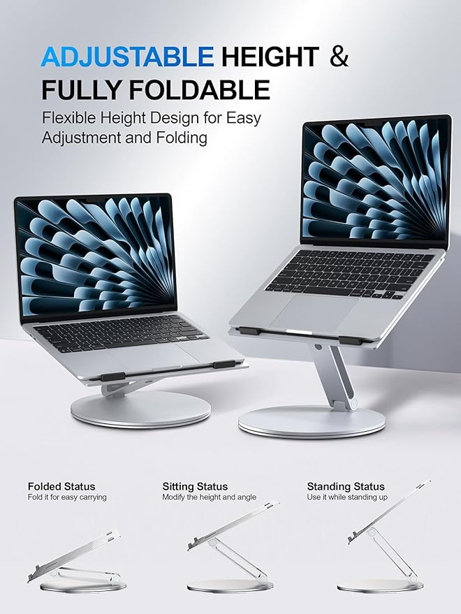 YICOSUN Adjustable Laptop Stand for Desk - 360° Rotating Ergonomic Riser with Aluminum Cooling Vents & Sturdy Construction for 10-16 Inch MacBook Pro/Air, Foldable Portable for Office & Home - Silver