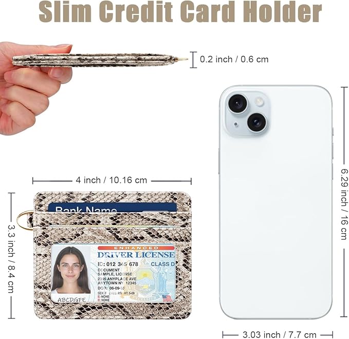 Slim Credit Card Holder Vegan Snake Skin Wallet Women Thin Wallets RFID Blocking Minimalist Lightweight Small Cute Cards Holders with ID Window, Light Snake Skin