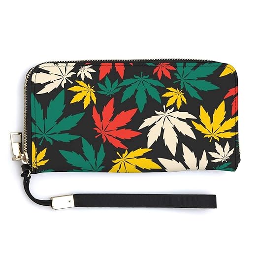 Unisex Zip Around Wallet for Adults Teens Colorful Cannabis Leafs Black Coin Pouch Cash Pocket PU Leather Wallets Card Holder Organizer Designer Purse with Wristlet Strap