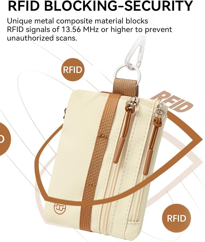 BOSTANTEN Small Wallet RFID, Minimalist Zip ID Case Wallet with Lanyard Keychain, Water Resistant Card Wallets for women & Men, Beige and Brown