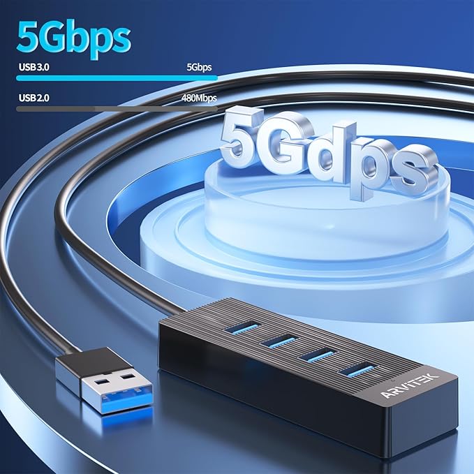 4-Port USB 3.0 Hub for Desktop, USB Extender Hub 5Gbps, USB Multiport Adapter, USB Splitter w/5Ft Long Cable for Desktop, PC, Flash Drive, Mobile HDD (5Ft/1.5m)